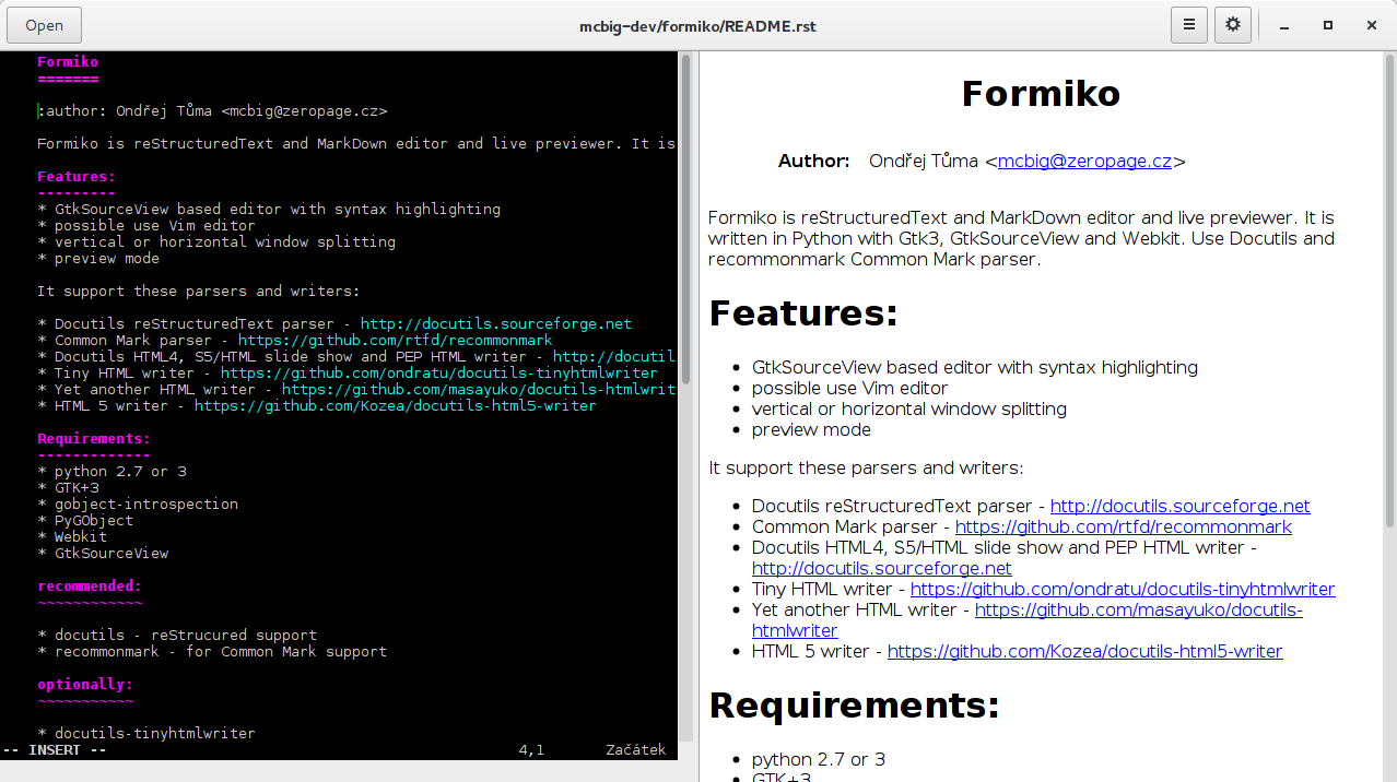 Formiko - editační režim s Vim editorem