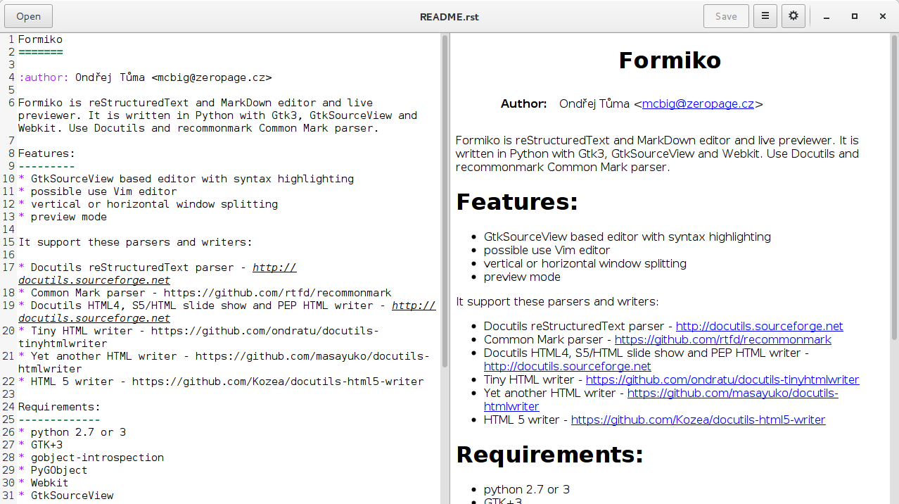 Formiko - editační režim s GtkSourceView editorem