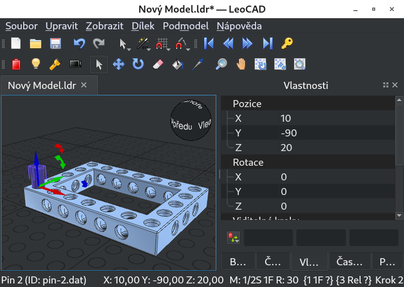 Snímek programu LeoCAD - vlastnosti dílku.